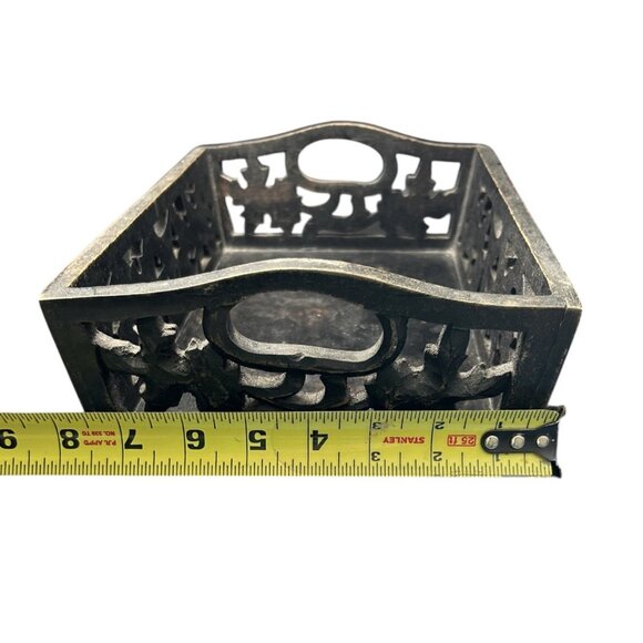 Black Carved Weathered Wood Box Tray Open work Handles Leaves Vine 12 x 8 x 3" - Picture 10 of 11